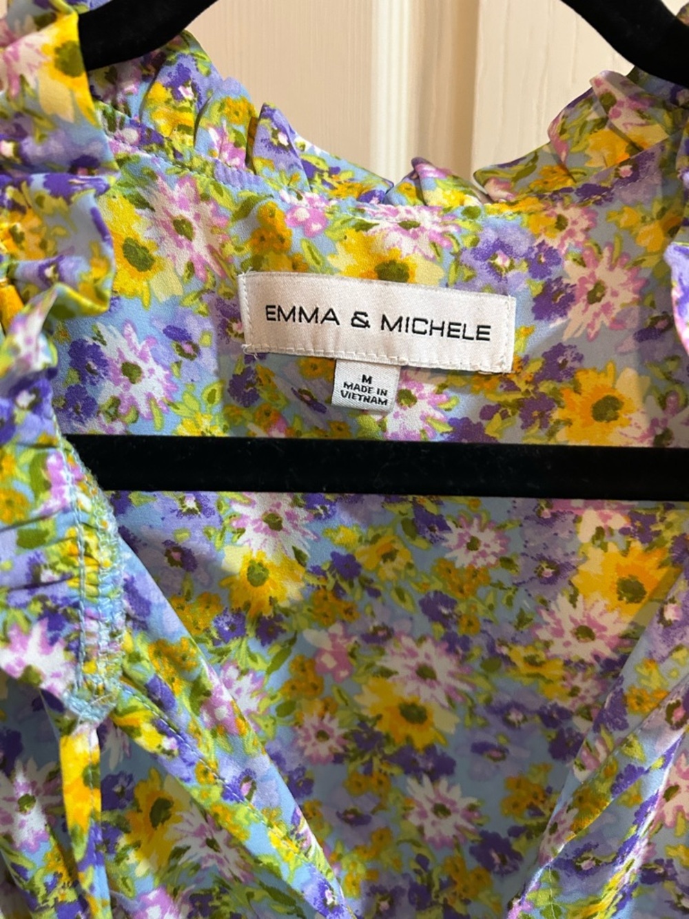 Emma & Michele Yellow and Lavender Floral Dress with Ruffle Neckline - Picture 3 of 3